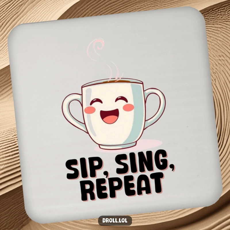 Funny Opera Mug Coaster: A coffee mug singing opera with steam, depicted on a protective coaster for music-themed gatherings.