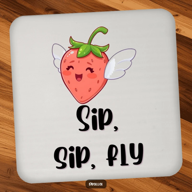 Funny drink coaster showing a delighted strawberry with tiny wings, attempting to fly, adding a touch of whimsy.