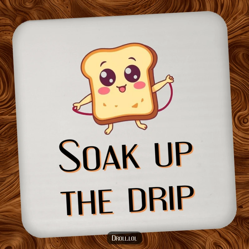 Funny toast with googly eyes jumping rope, a humorous coaster to protect surfaces from drinks.