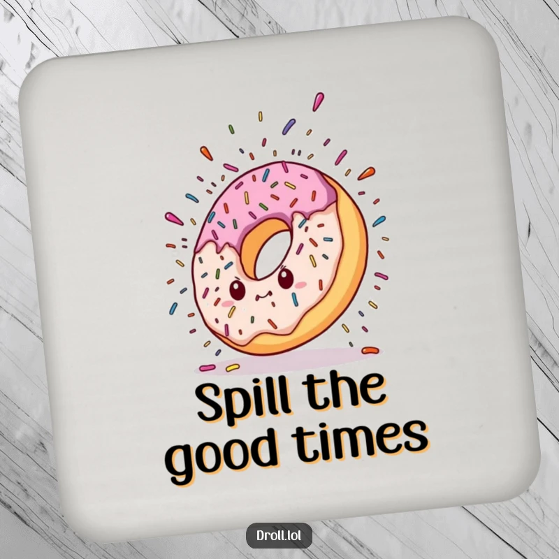 Funny drink coaster with a donut character dramatically falling, with a colorful explosion of sprinkles, bringing a sweet and humorous touch to surface protection.