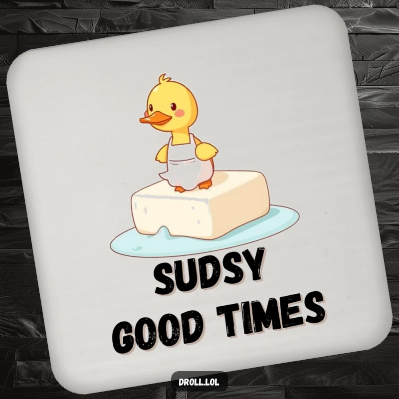 Funny drink coaster showing a duck wearing an apron tripping on a large, slippery bar of soap.
