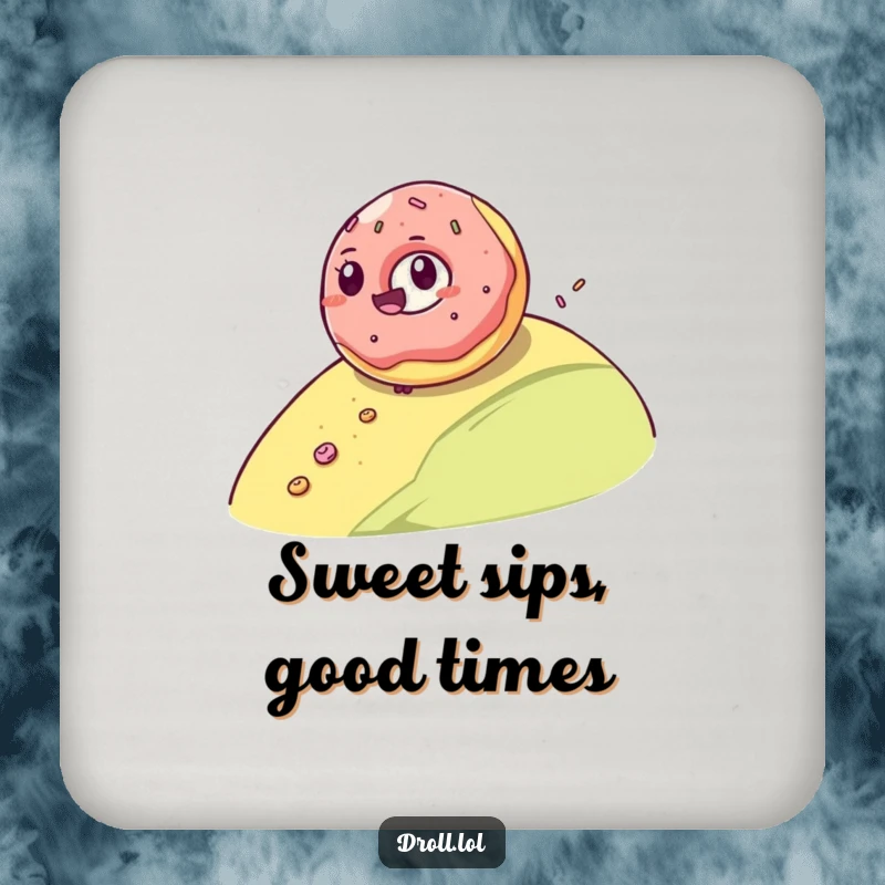 Funny drink coaster showing a giggling jelly donut rolling down a hill, adding a sweet and humorous touch to any setting.