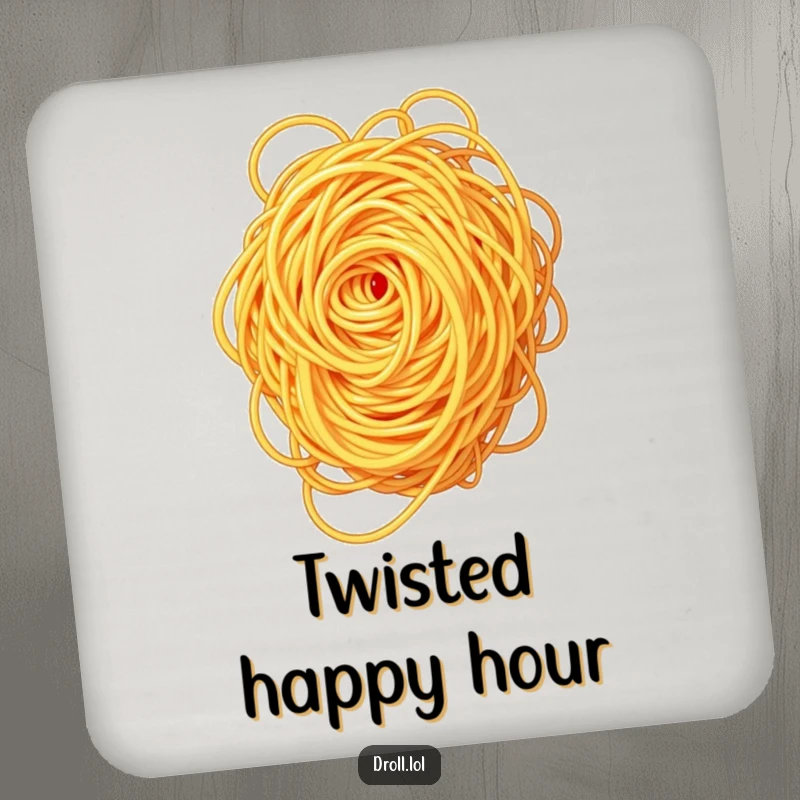 Funny spaghetti swirl drink coaster set, protecting surfaces with humor, featuring a tangled spaghetti design.