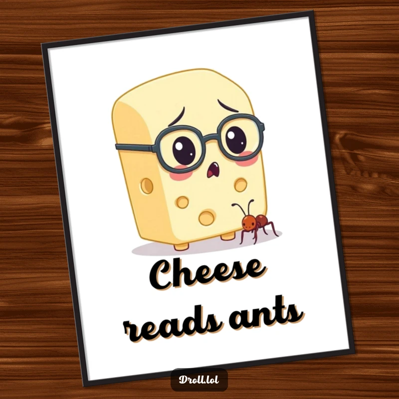 Funny block of cheese with spectacles intently studying a tiny ant, presented as humorous wall art on a poster.