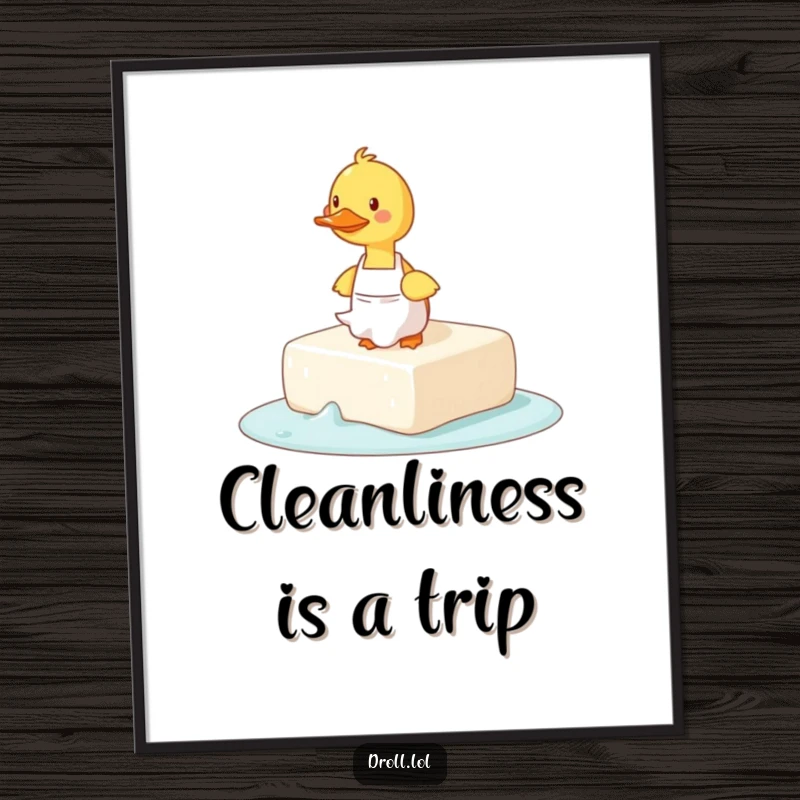 Funny poster featuring a duck in an apron comically tripping over a giant, slippery bar of soap.