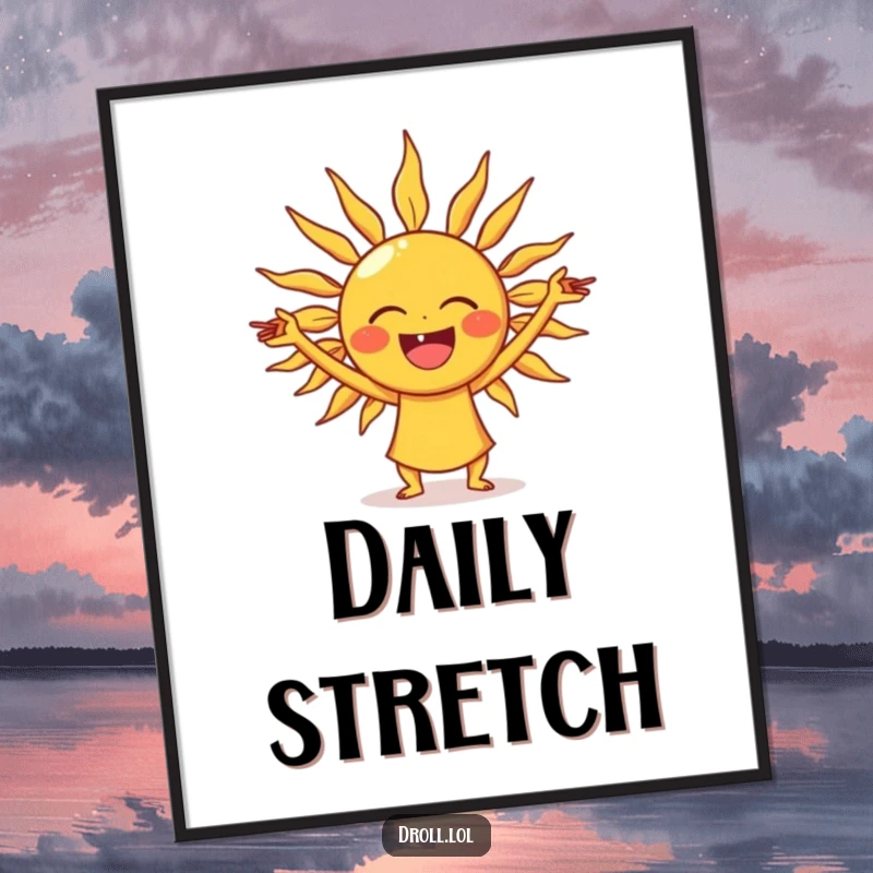 Funny laughing sun poster, motivational art depicting a happy sun stretching its rays like yoga poses.