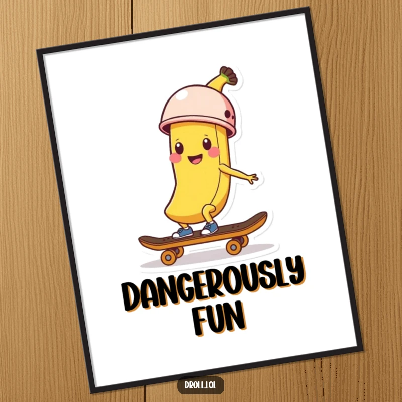Funny Banana Skater Poster: A dynamic illustration of a happy banana peel wearing a helmet and skateboarding, full of energy.