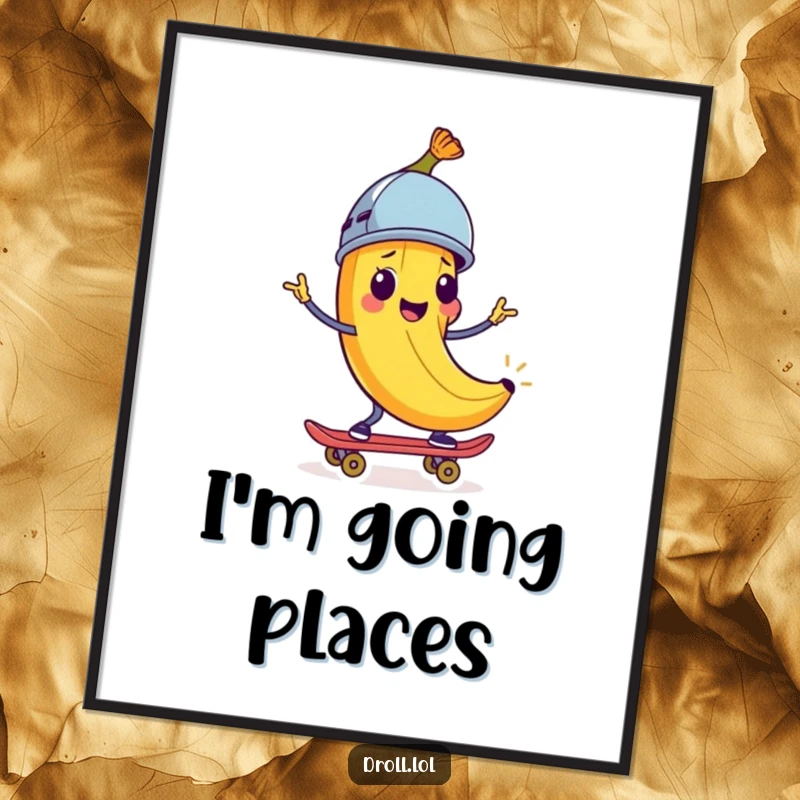 Funny Poster: A cheerful banana peel with a tiny helmet riding a skateboard. Humorous and adventurous wall art.