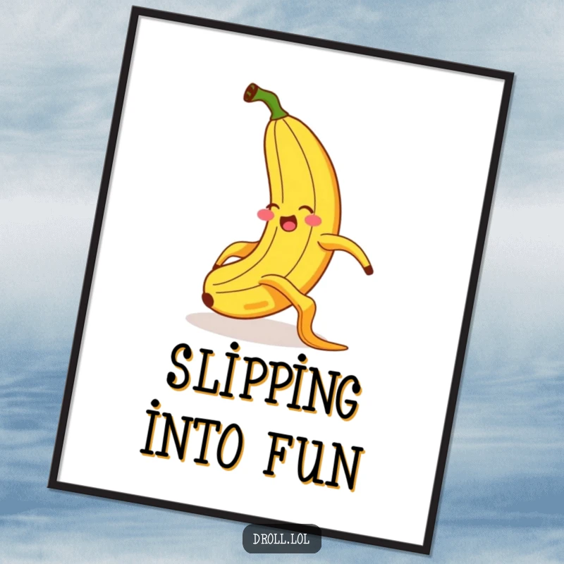 Funny poster showing a giggling banana in a dramatic, exaggerated slip on a banana peel, captured with comical dynamism and a funny face.