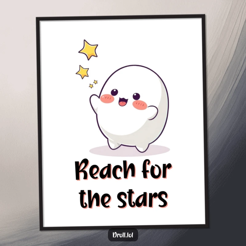 Funny playful blob character reaching for twinkling stars, whimsical and humorous wall art poster.