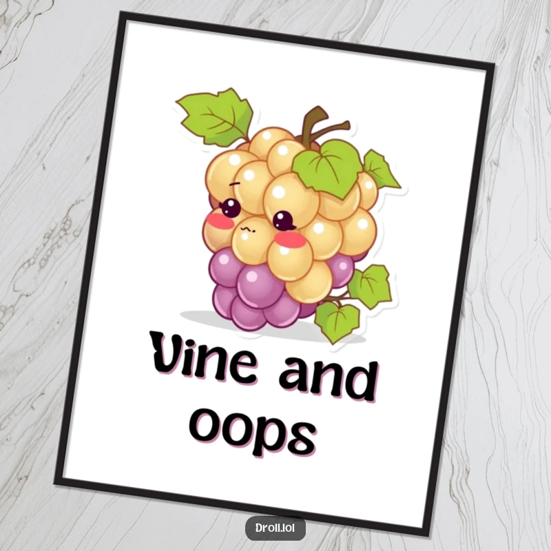 Funny poster: A grape blushing intensely after tripping over its vine, capturing a moment of sweet, humorous awkwardness.