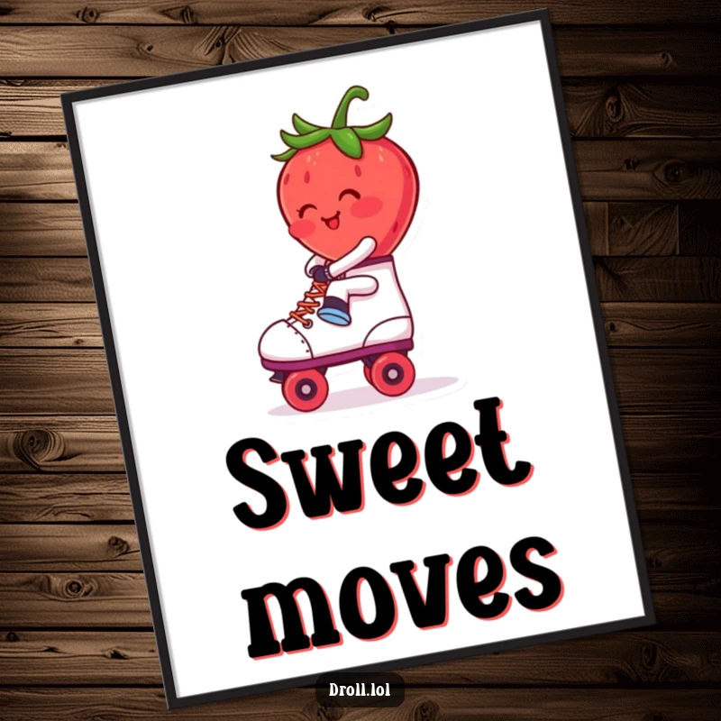 Funny Poster: A blushing strawberry comically riding a roller skate backwards. Retro, whimsical wall art.