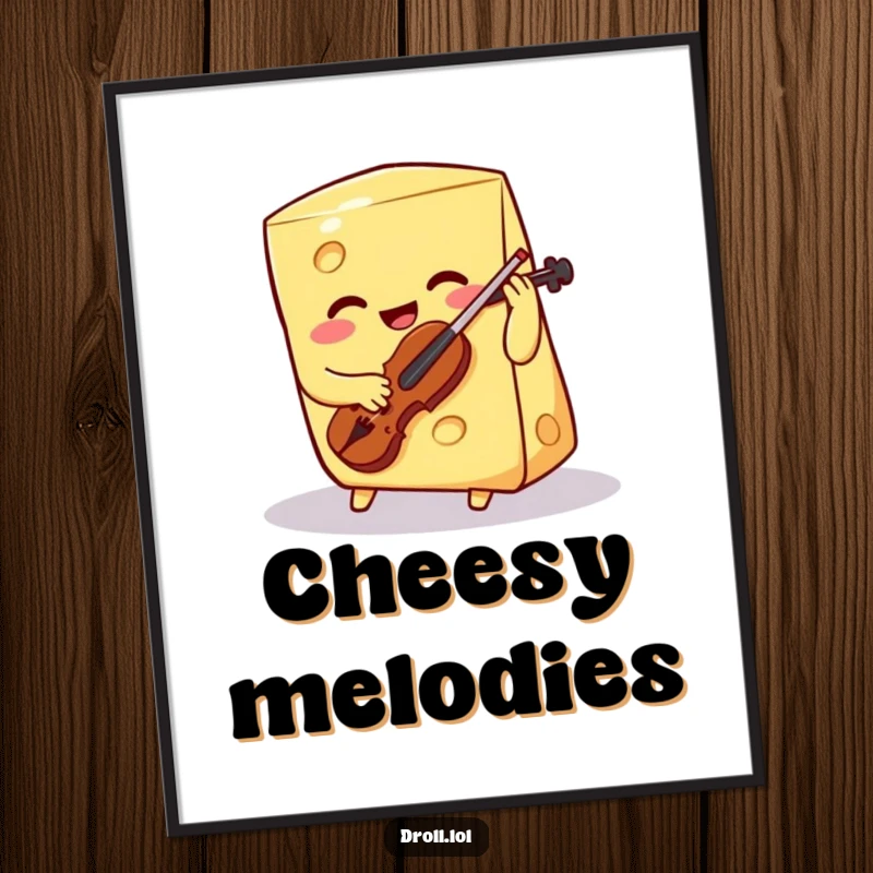 Funny smiling cheese wedge playing a tiny violin as a poster, capturing a humorous moment of culinary performance.