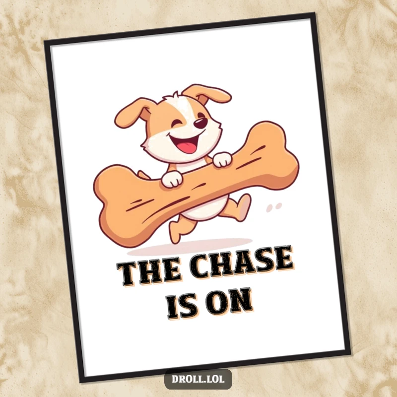 Funny Poster of a cheerful dog gleefully pursuing a giant bone with a silly, determined grin.