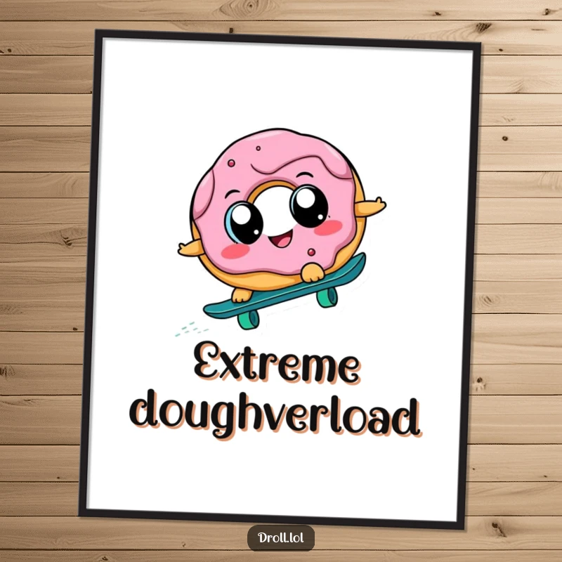 Funny, cheerful donut with big eyes skateboarding downhill, depicted as vibrant wall art, bringing humor and energy to any room.