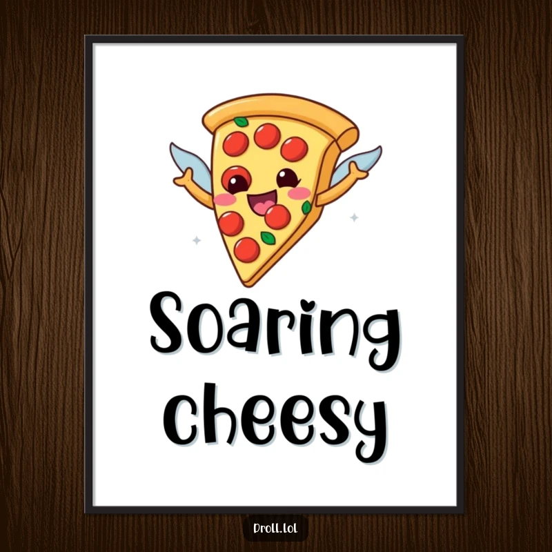 Funny happy pizza slice with pepperoni wings airborne on a poster, a humorous and appetite-inducing piece of food art.
