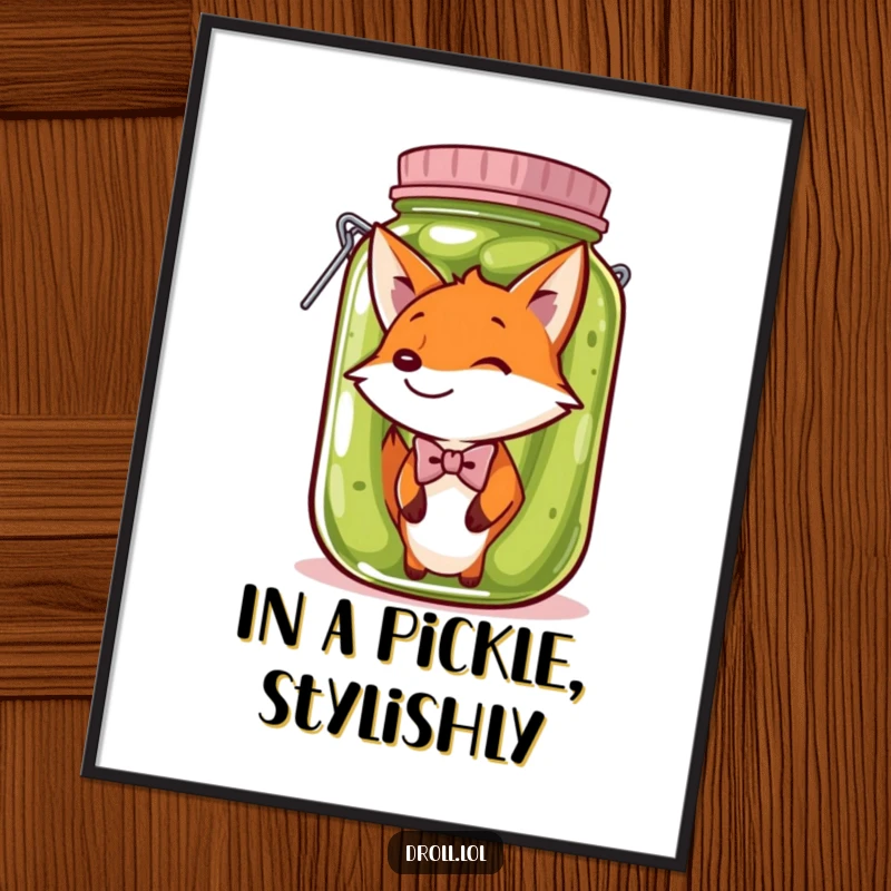 Funny Poster: A fox in a bow tie stuck in a pickle jar creates a hilariously absurd and charming visual for unique decor.