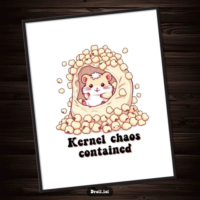 Funny poster print of a happy hamster rolling around in a huge, overflowing bag of popcorn kernels, embodying snack joy.