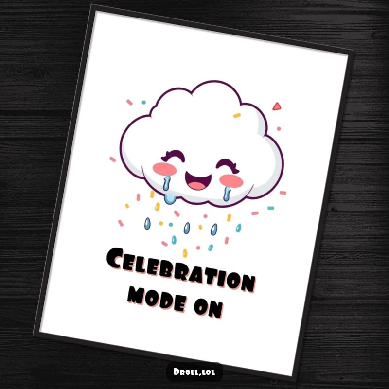 Funny poster showing a happy cloud with a wide smile, joyfully releasing a shower of confetti.