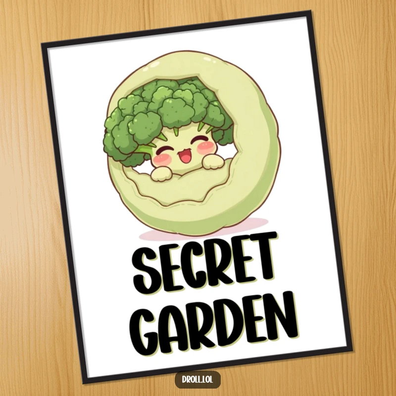 Funny giggling broccoli hiding within a larger, surprised vegetable as a poster, capturing a humorous moment of garden mischief.