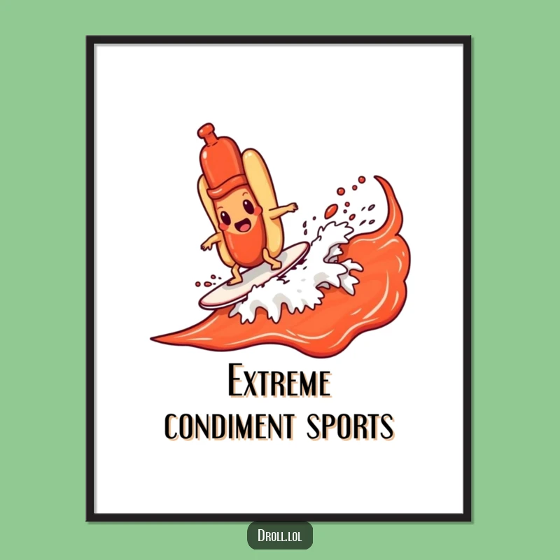 Funny Hot Dog Surfing Ketchup Wave Poster - Hilarious Wall Art for Food Lovers