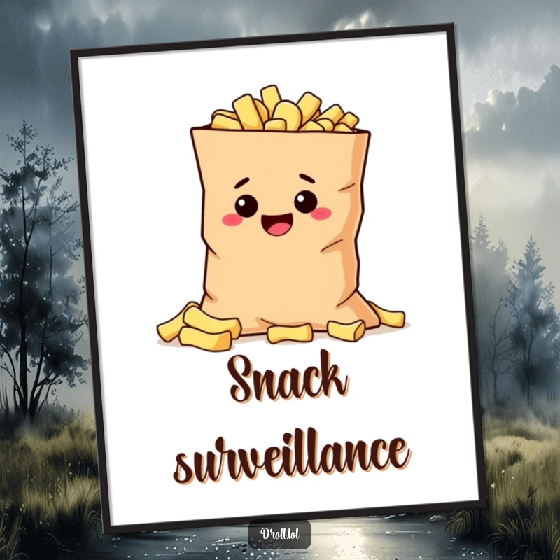 Funny mischievous potato peeking from behind a large bag of chips, displayed as humorous wall art poster.