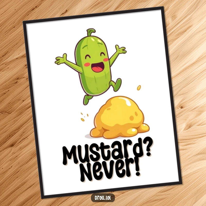 Funny energetic pickle character performing a heroic jump over a mustard blob on a vibrant poster.