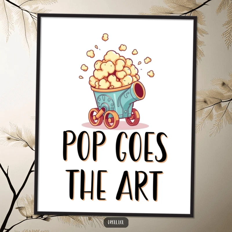 Funny poster: A cheering popcorn kernel theatrically emerging from a small, fancy cannon, representing explosive joy and cinema.