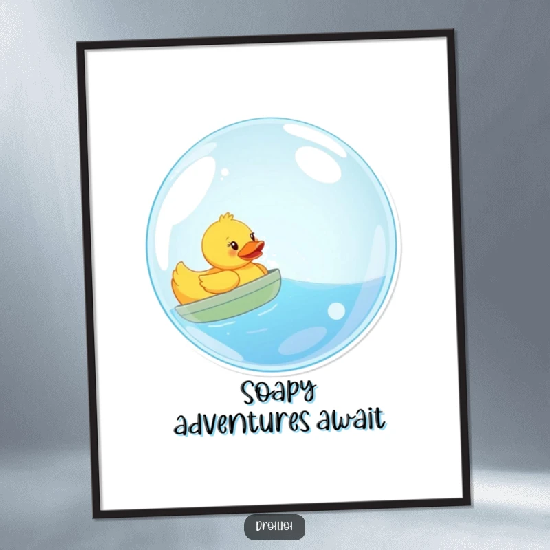 Funny wall poster art: a happy rubber duck serenely sails in a massive, shimmering bubble, evoking a sense of whimsical adventure.