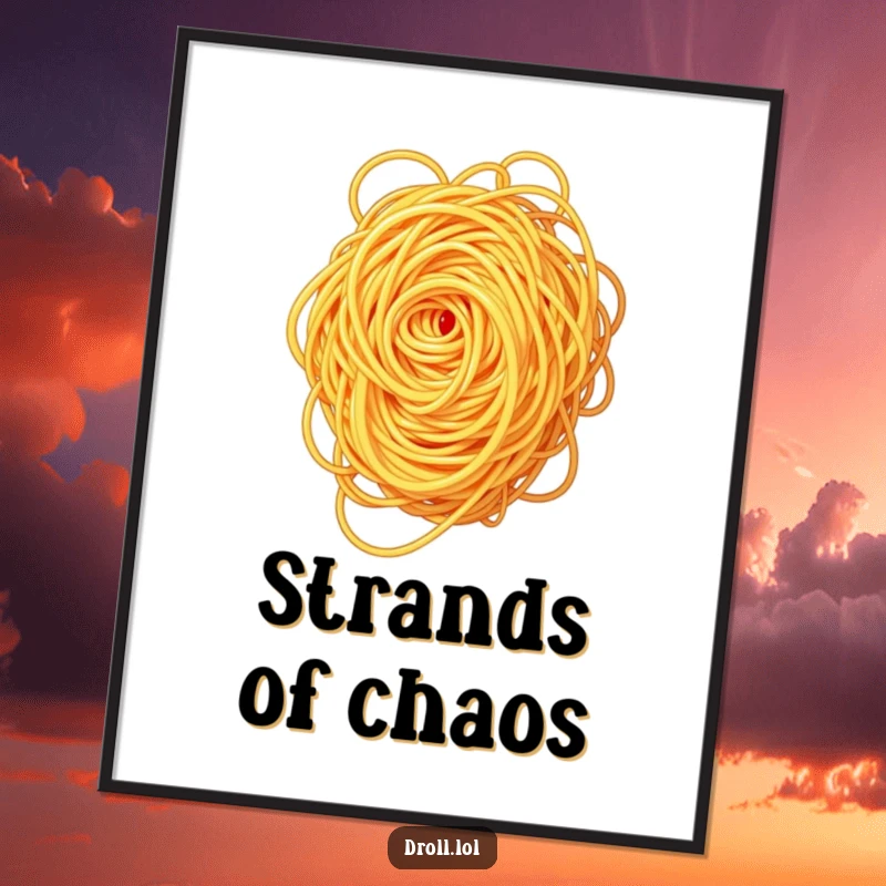 Funny spaghetti swirl poster, artistic and humorous, depicting spaghetti in a state of tangled disarray.