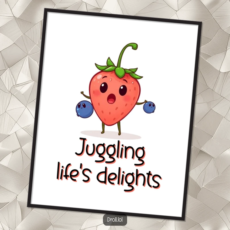 Funny poster art of a surprised strawberry enthusiastically juggling blueberries, creating a whimsical and humorous visual for walls.