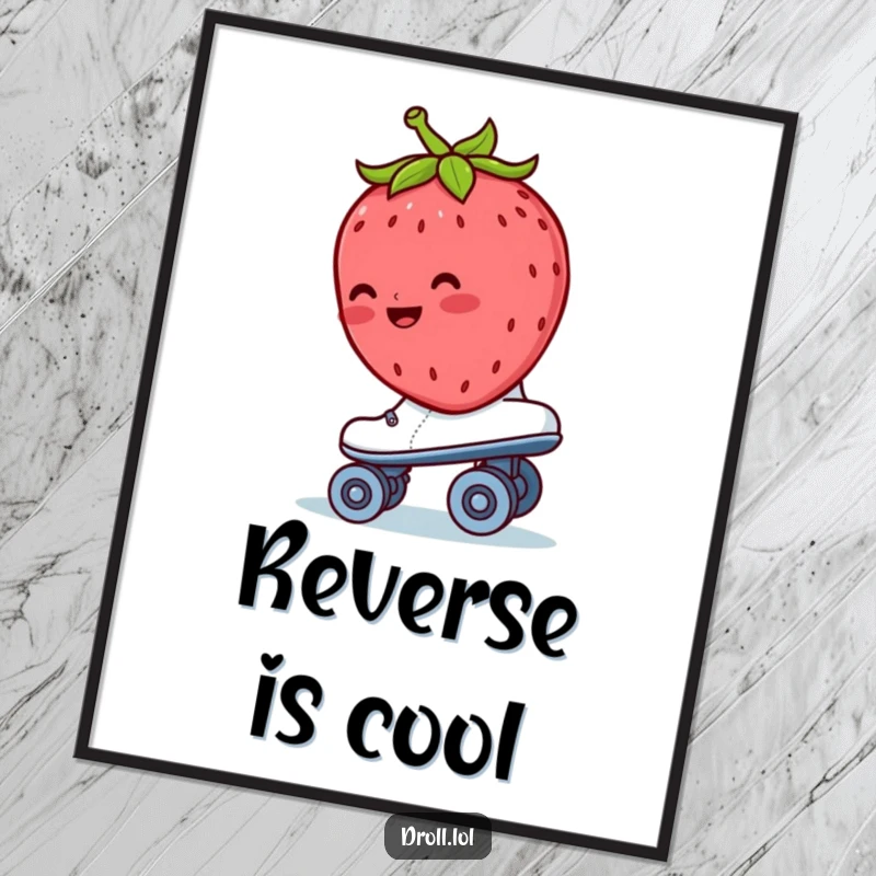 Funny strawberry poster print of a blushing strawberry riding backwards on a roller skate, evoking retro fun.