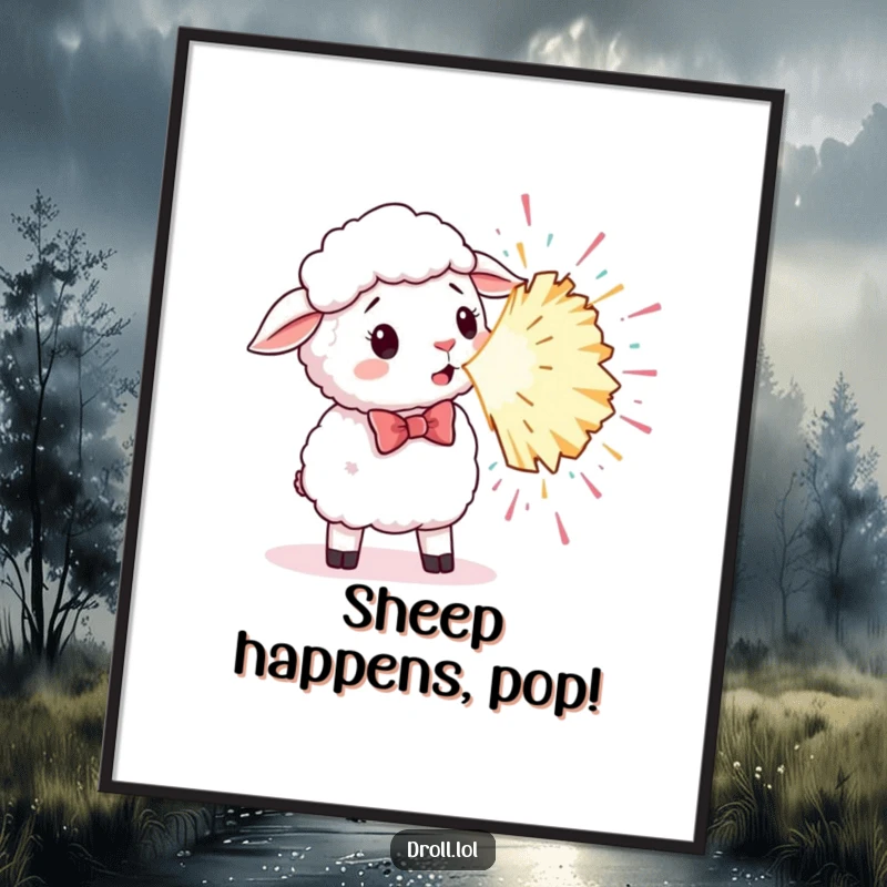 Funny poster featuring a sheep wearing a bowtie looking shocked as a giant party popper explodes.
