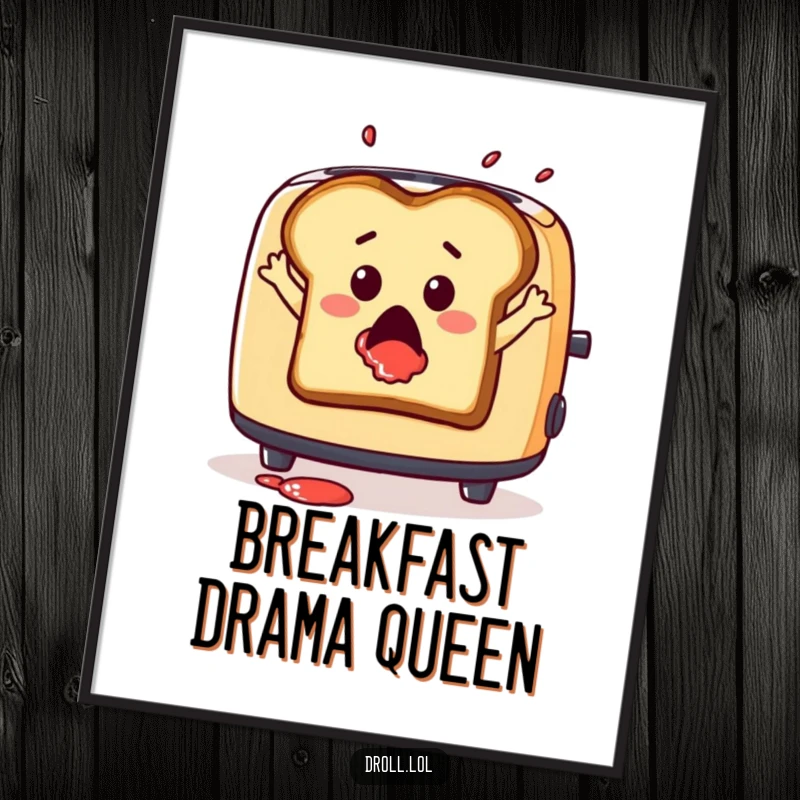 Funny poster art of a surprised slice of toast leaping from a toaster with jam splatter, dramatic breakfast humor.