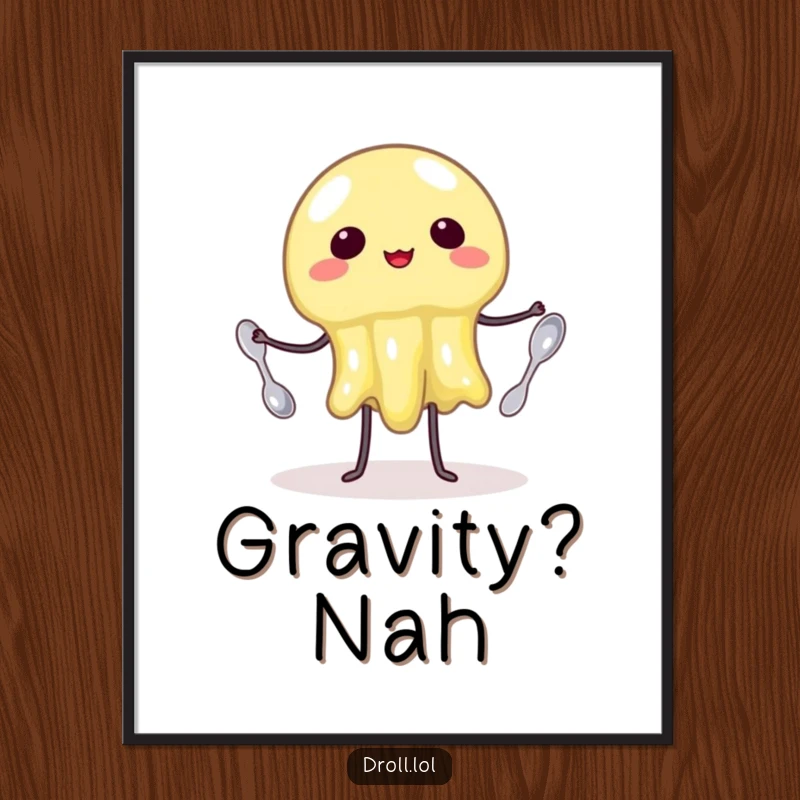 Funny Poster: A jiggly, translucent jelly comically juggling three tiny spoons. Whimsical and humorous wall art.