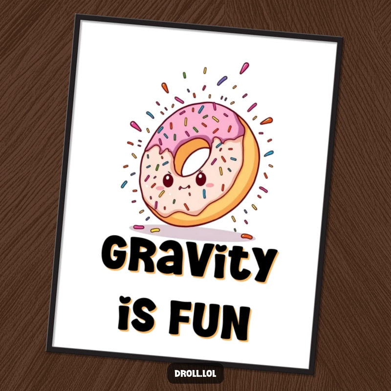 Funny poster of a donut character dramatically falling, with a colorful explosion of sprinkles creating a sweet, dynamic scene. Cheerful and amusing.
