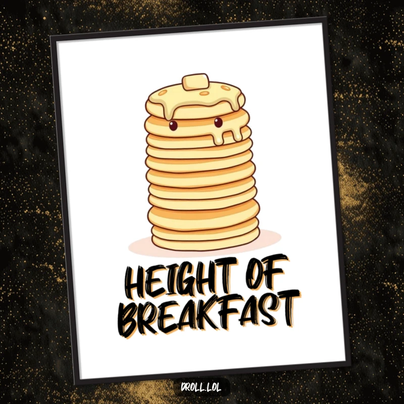 Funny wobbly pancake poster, artistic and humorous, depicting a tower of pancakes in a comical balancing pose.