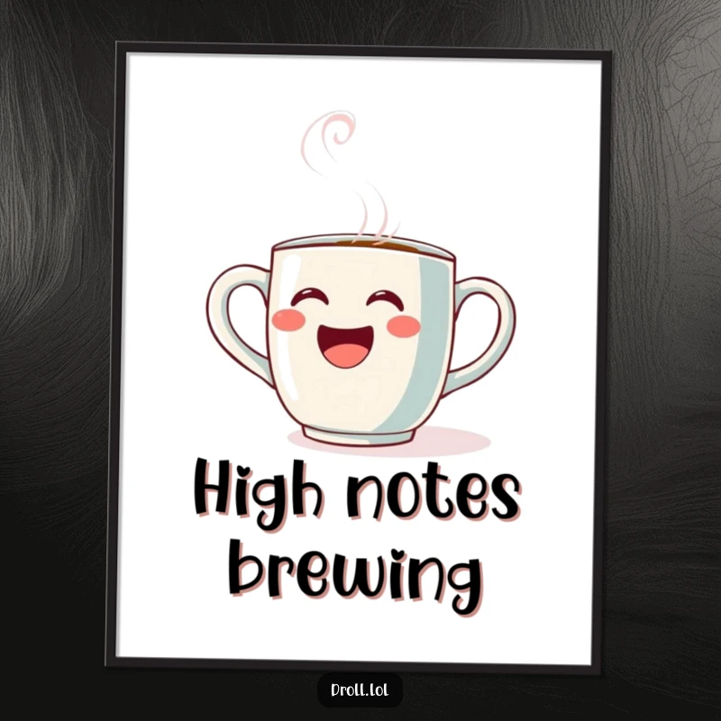 Funny Opera Mug Poster: Art print of a coffee mug singing opera with dramatic steam, capturing a humorous musical moment.