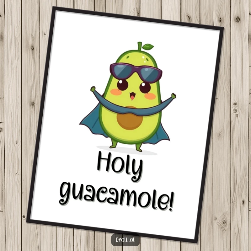 Funny poster: A surprised avocado in a superhero cape, striking a bold pose, offering a humorous and healthy statement piece.