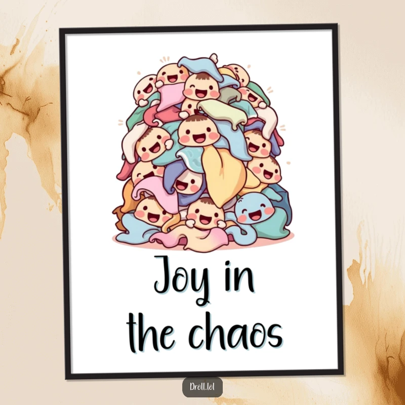 Funny laundry poster art of a tumbling pile of happy-faced clothes, bringing a whimsical and humorous decorative touch to walls.