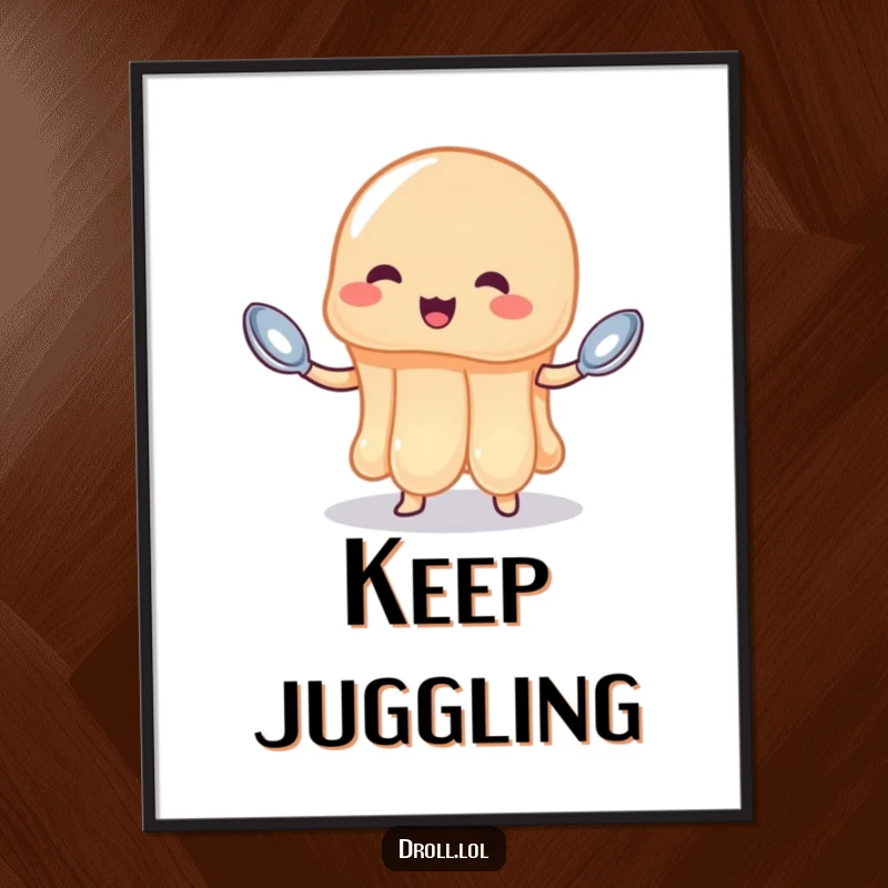 Funny jelly poster print of a wobbly jelly attempting to juggle three tiny spoons, evoking delightful chaos.