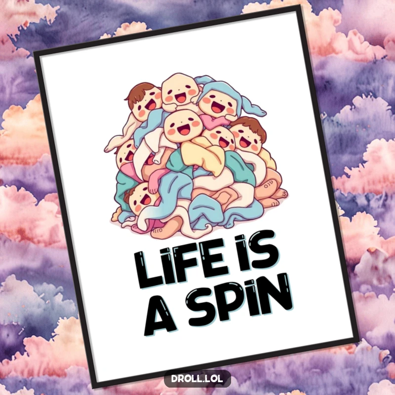 Funny laundry pile poster print of clean clothes tumbling happily, with smiling cartoon faces on socks, shirts, and towels.