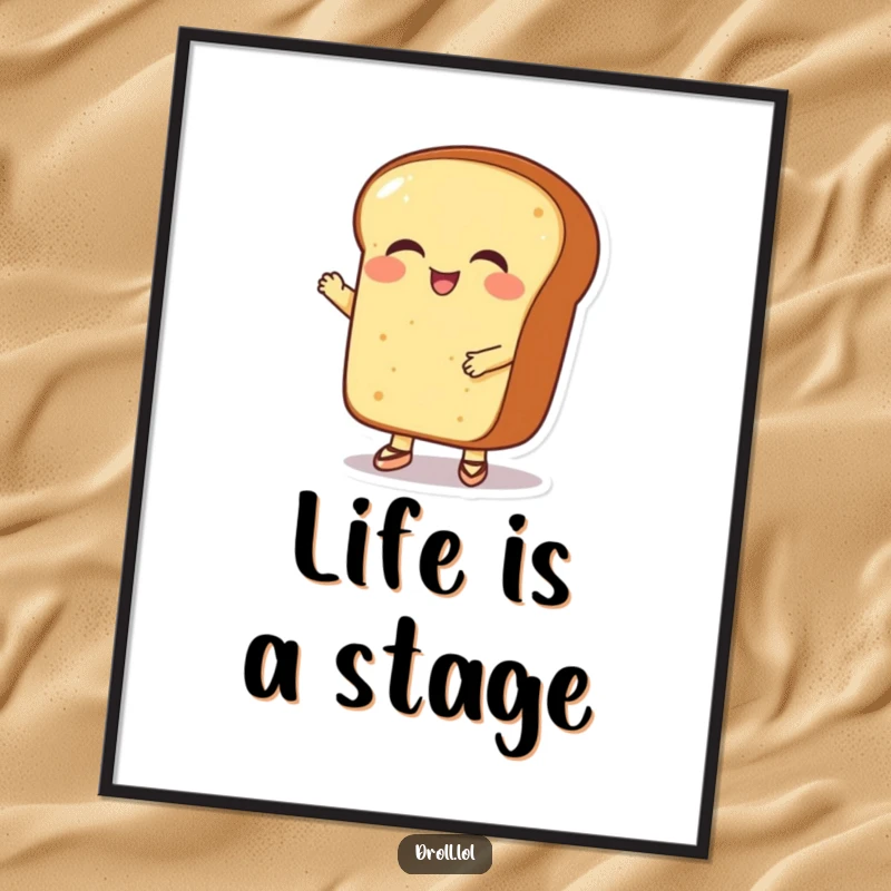 Funny giggling bread loaf wearing tiny ballet shoes, performing a ballet routine, featured as a delightful poster.