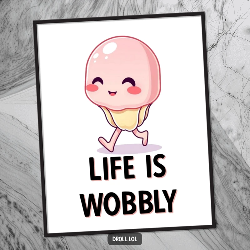 Funny poster art of a wobbly jelly character attempting to walk with a hilariously uncontrolled wiggle and unstable movement.