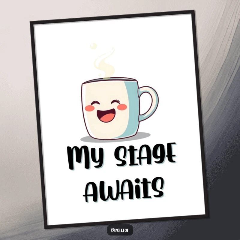 Funny poster art of a coffee mug singing opera with steam, high-quality print, humorous wall decor.