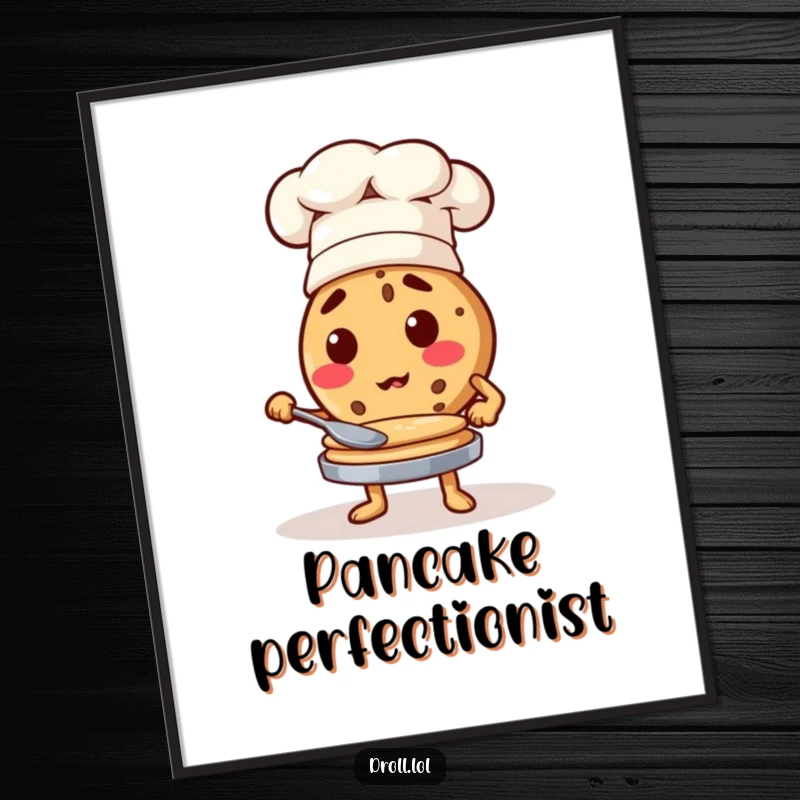 Funny cookie wearing a chef hat skillfully flipping pancakes, humorous kitchen wall art.