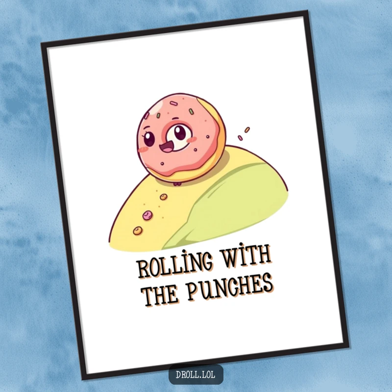 Funny poster art of a giggling jelly donut happily rolling downhill, leaving a sugary trail, creating a whimsical and fun visual.