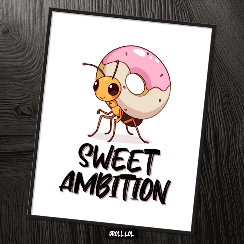 Funny poster illustration of a small ant with immense determination carrying a donut that is much larger than itself, symbolizing strength.