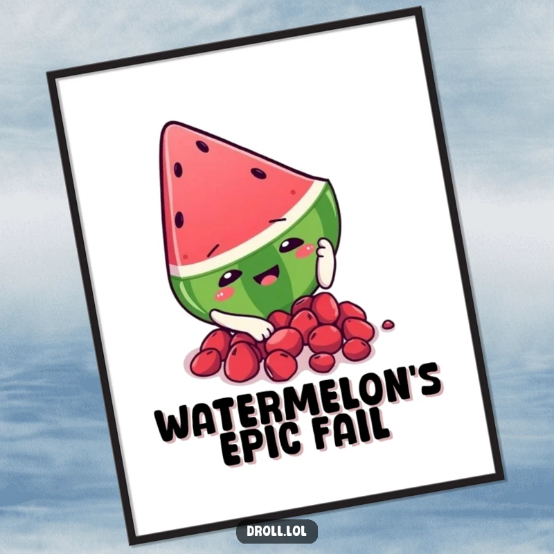 Funny watermelon slice character comically slipping on its own seeds, presented as humorous wall art on a poster.
