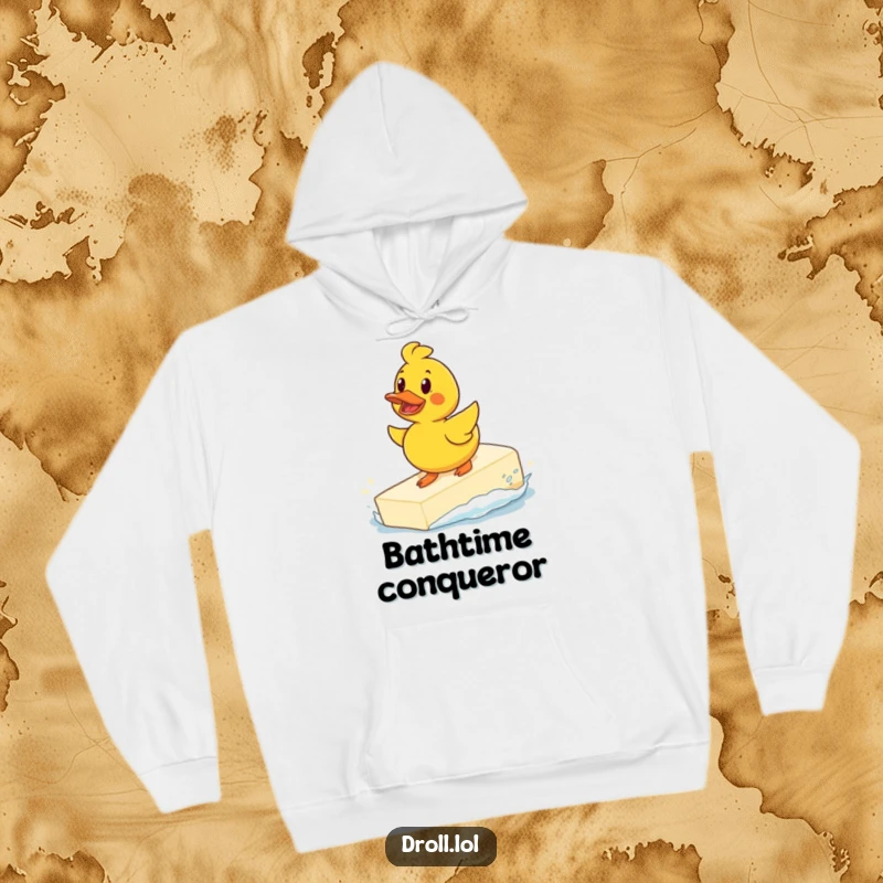 Funny determined rubber duck surfing a giant bar of soap on a cozy hoodie, showcasing a humorous and brave bath time character.